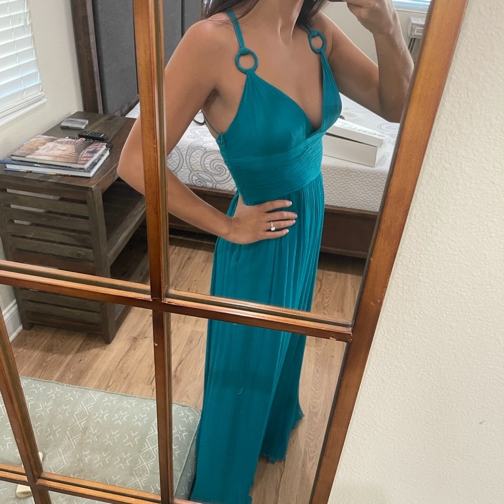 Cut out blue teal long dress Aidan Mattox gown x revolve teal blue chiffon maxi